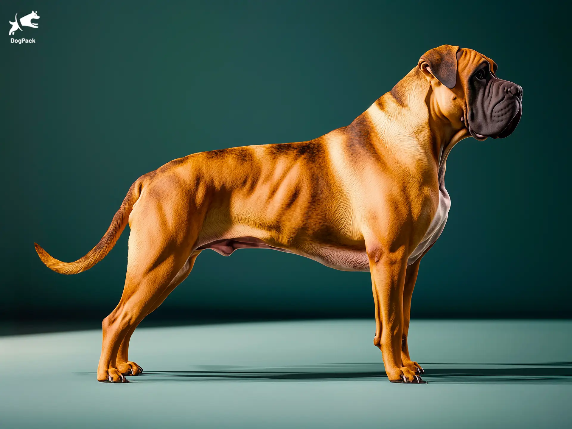 Brazilian Mastiff dog breed full body view standing against green background