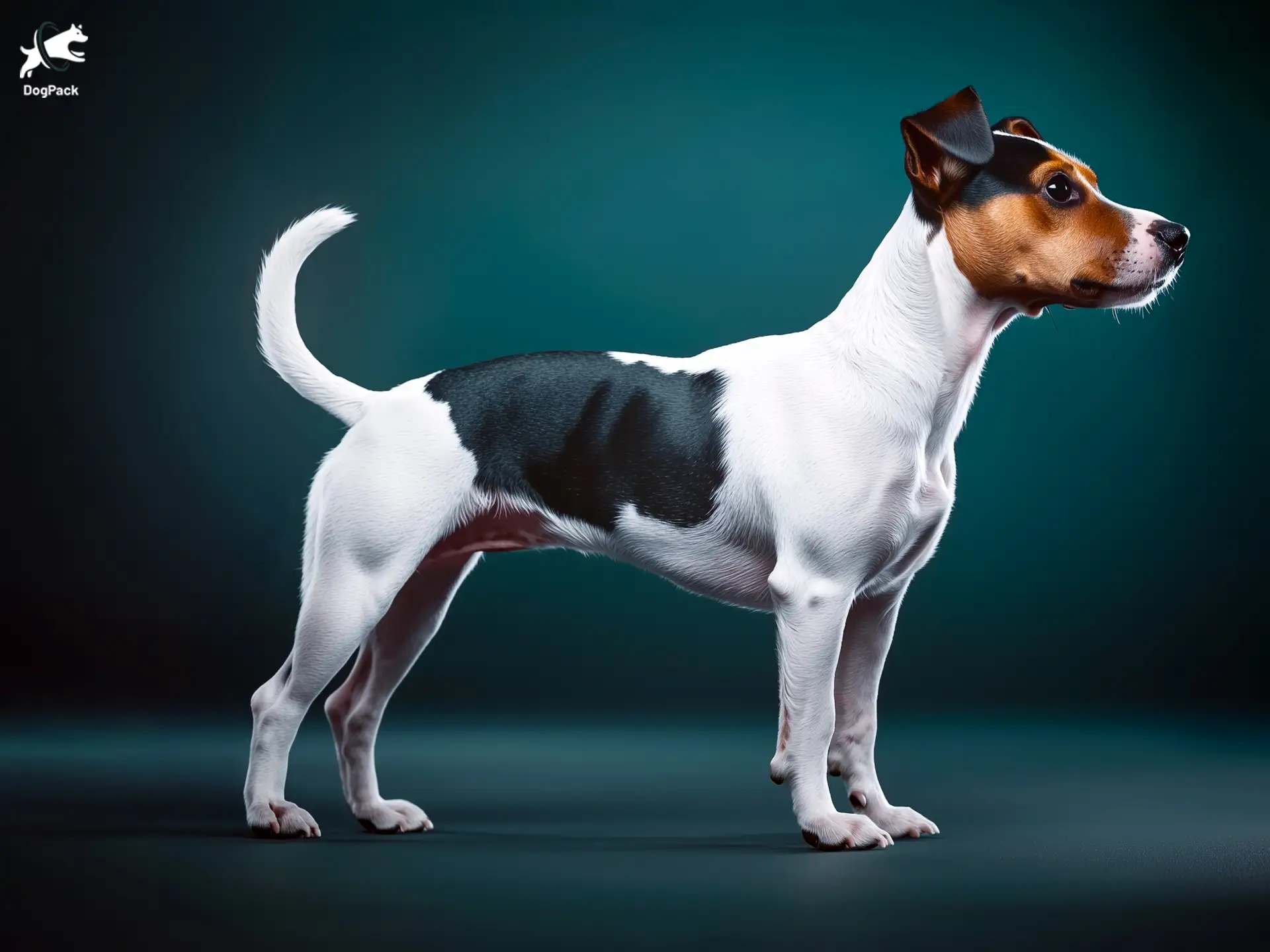 Brazilian Terrier dog breed full body view standing against green background