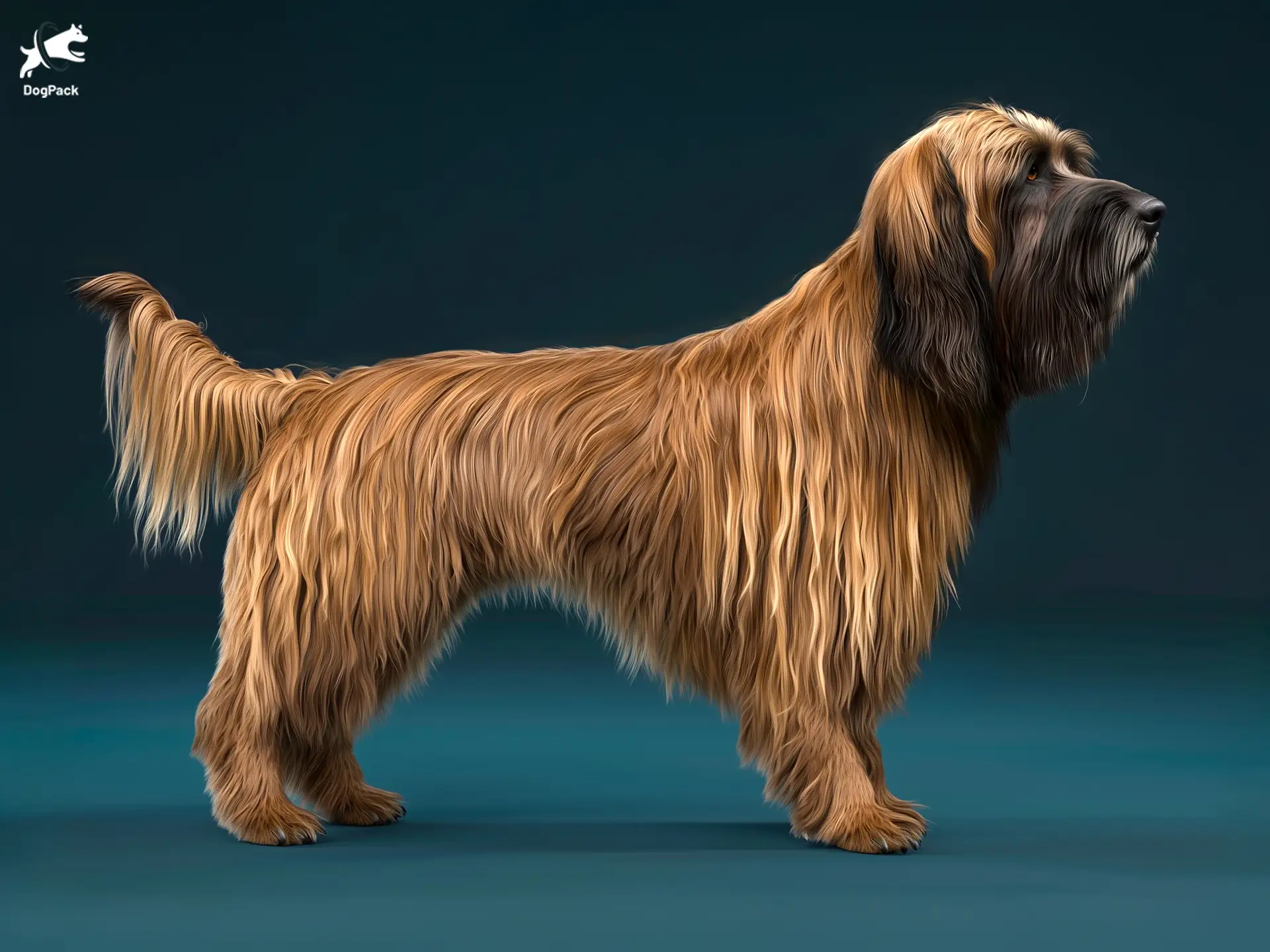 Briard dog breed full body view standing against green background