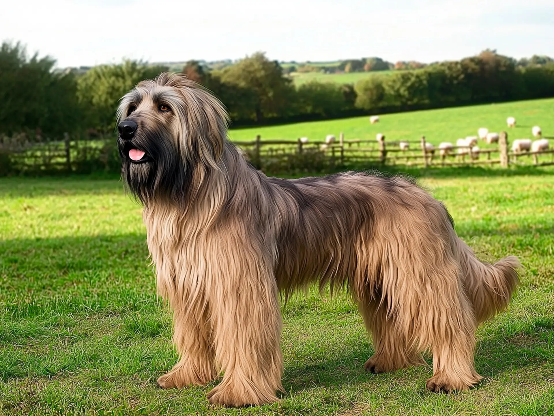 Briard dog with long, flowing fur standing in a green field with sheep grazing in the background.