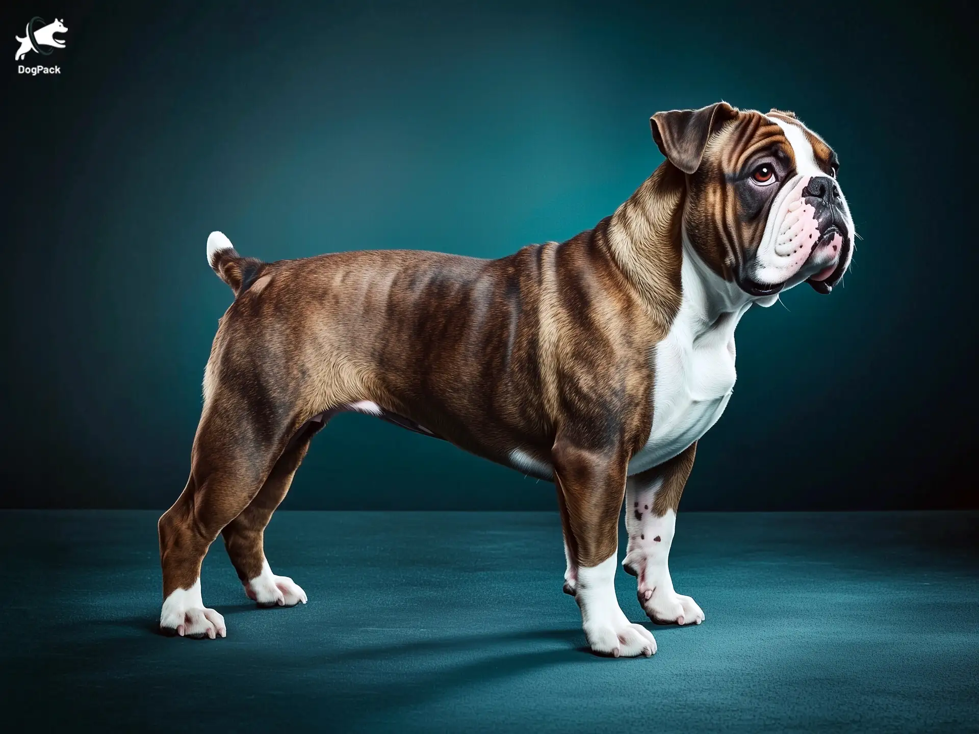 British Bulldog dog breed full body view standing against green background