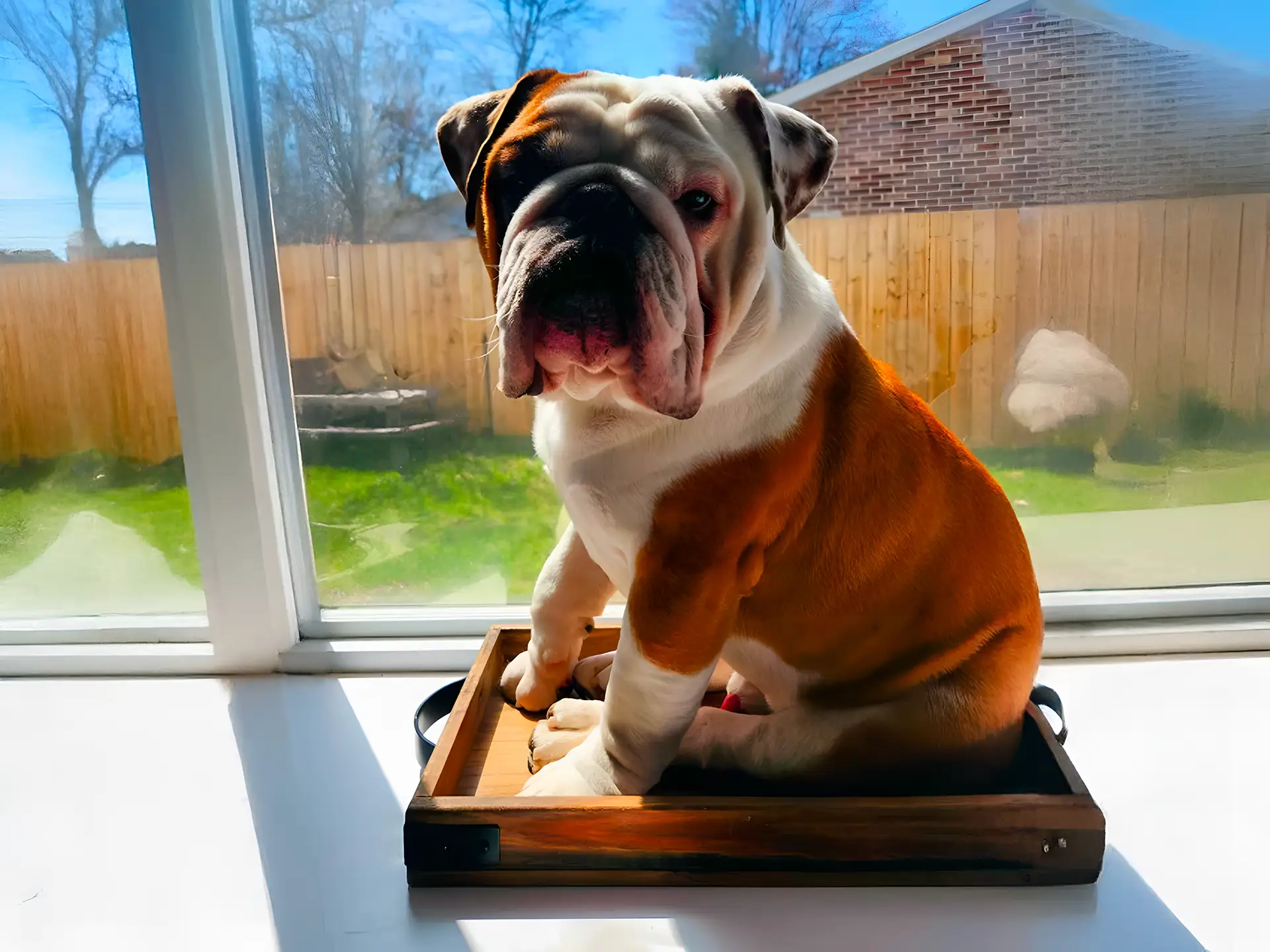 British Bulldog with a white and brown coat sitting in a wooden tray near a window.