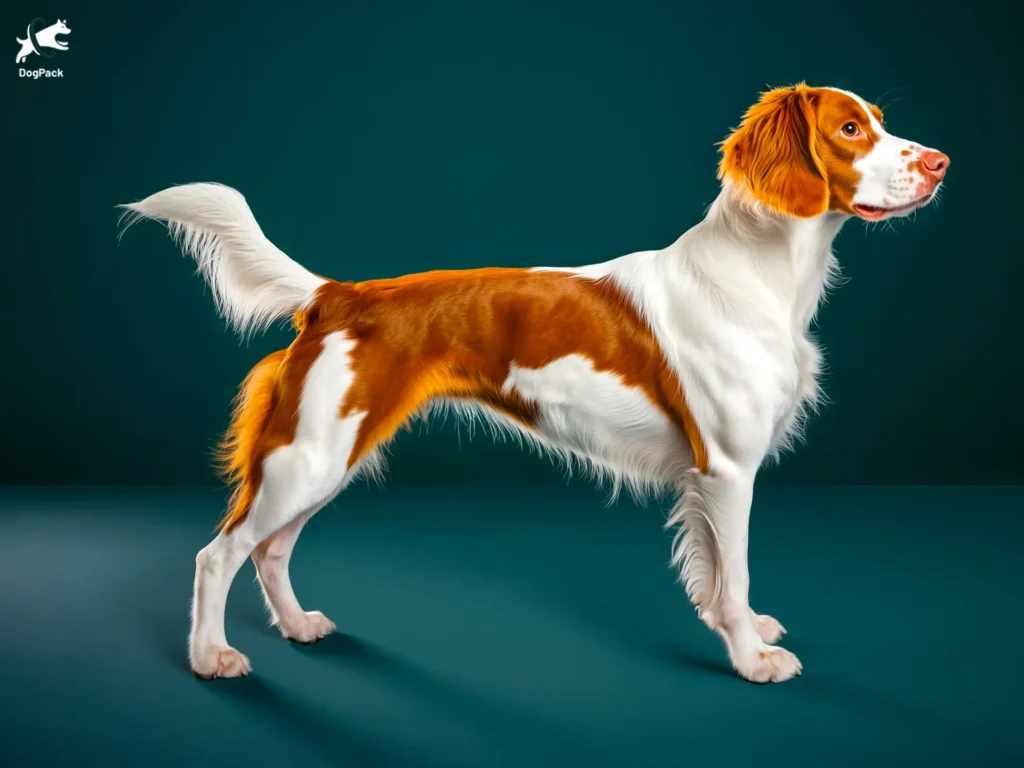 Brittany Spaniel dog breed full body view standing against green background