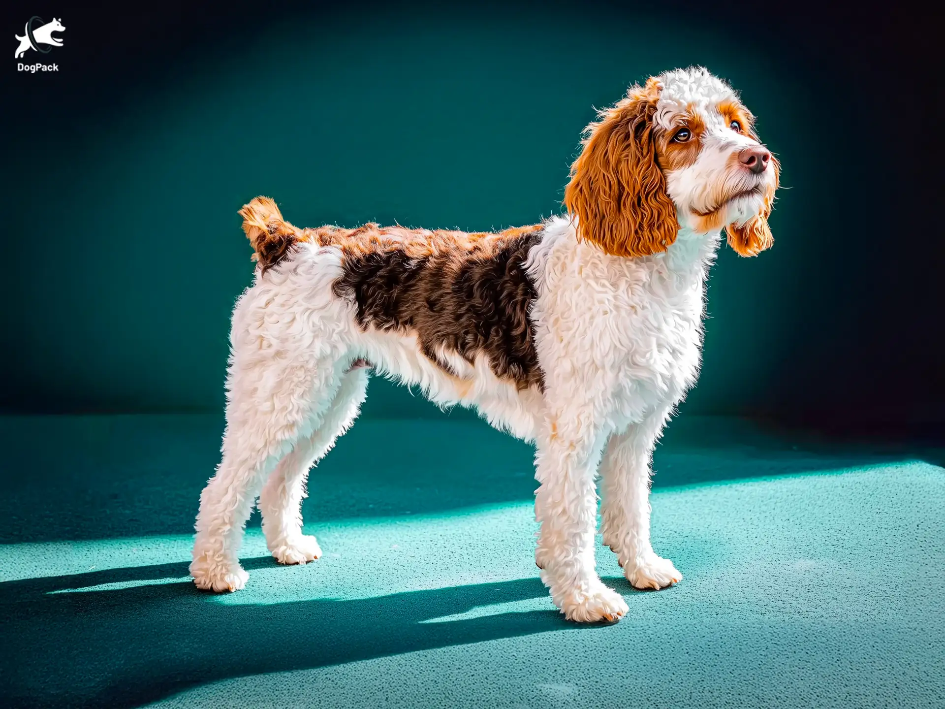 Brittany Spoodle dog breed full body view standing against green background