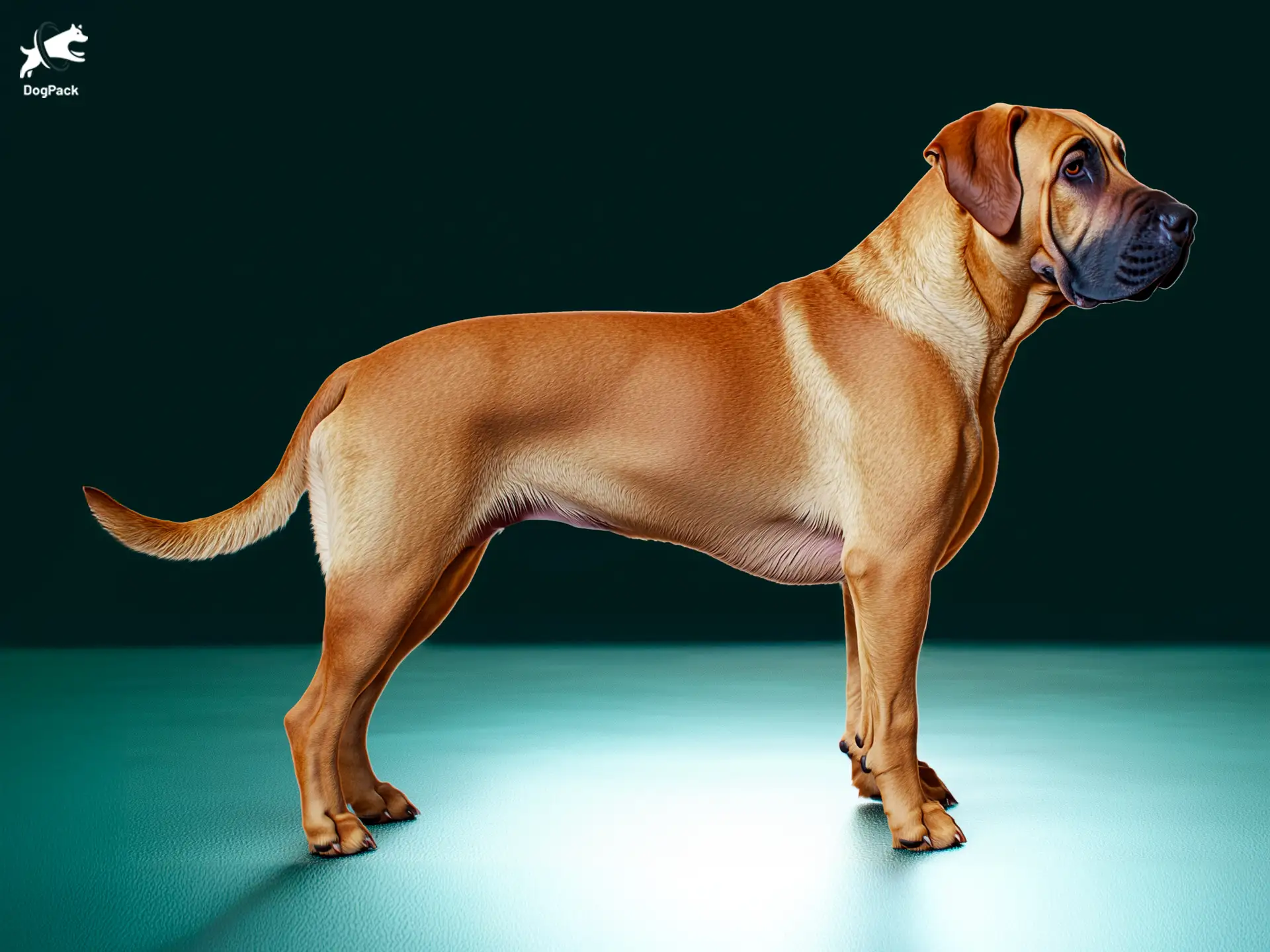 Broholmer dog breed full body view standing against green background