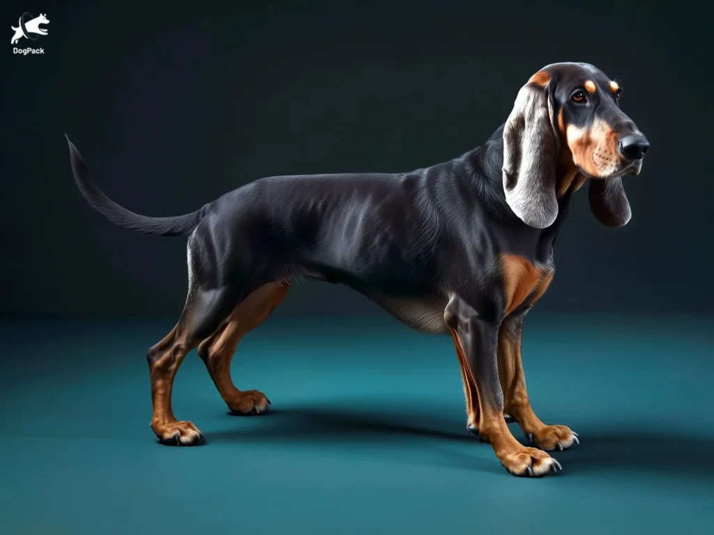 Bruno Jura Hound dog breed full body view standing against green background