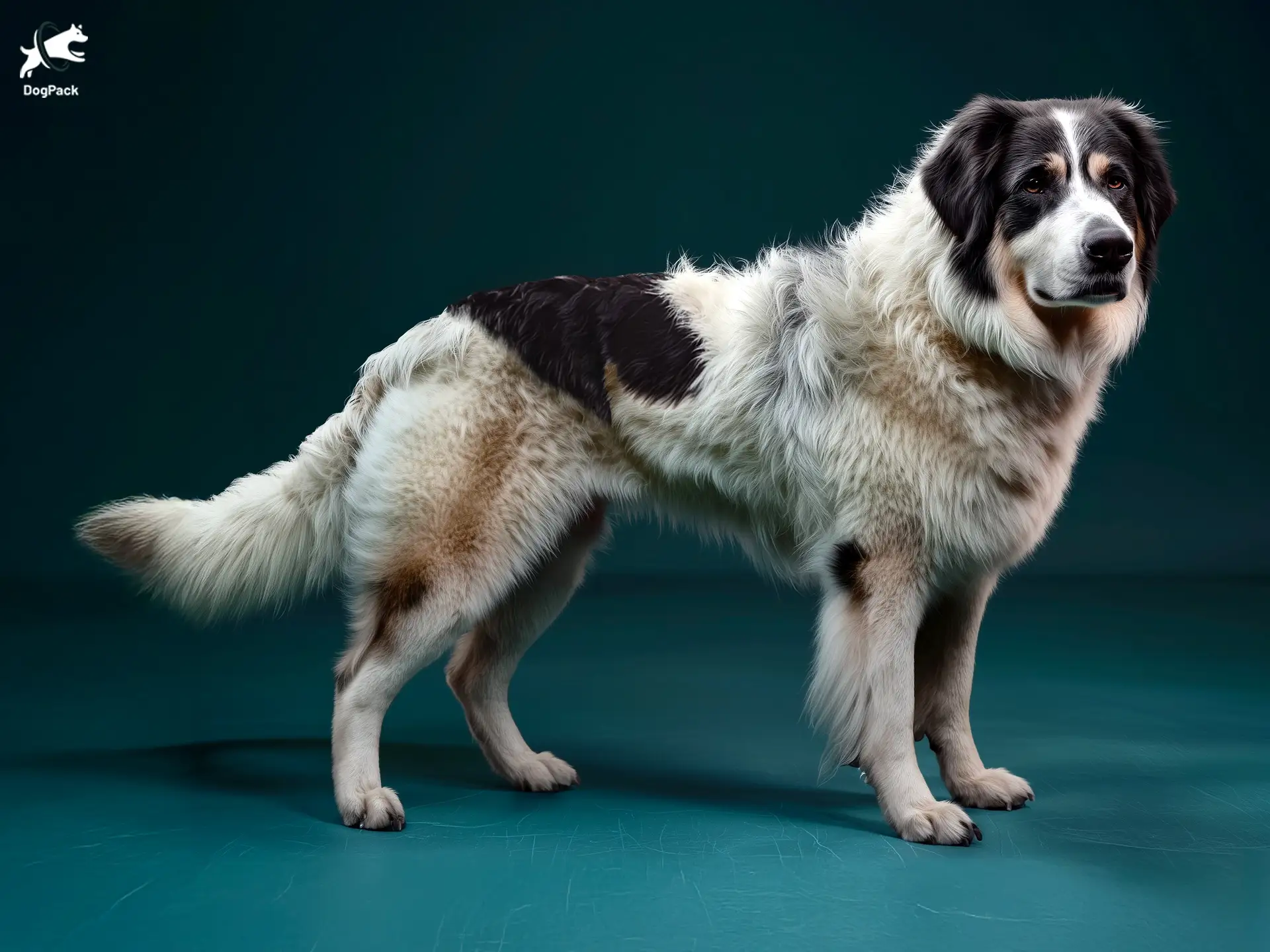 Bucovina Shepherd dog breed full body view standing against green background