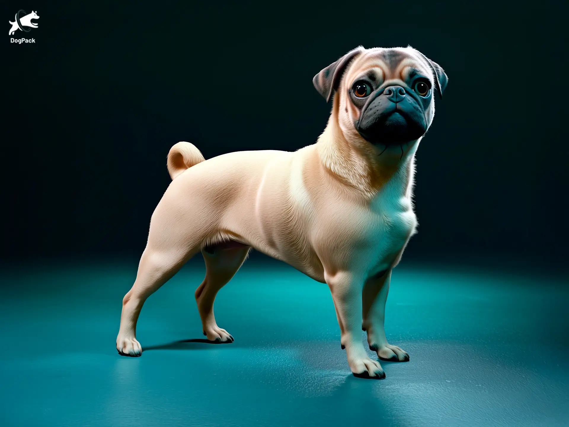 Bugg dog breed full body view standing against green background