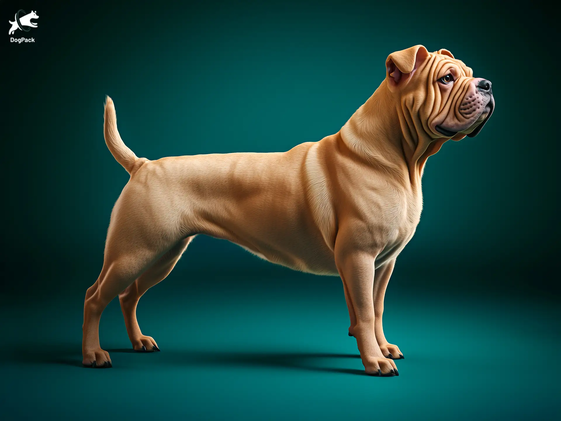 Bull-Pei dog breed full body view standing against green background