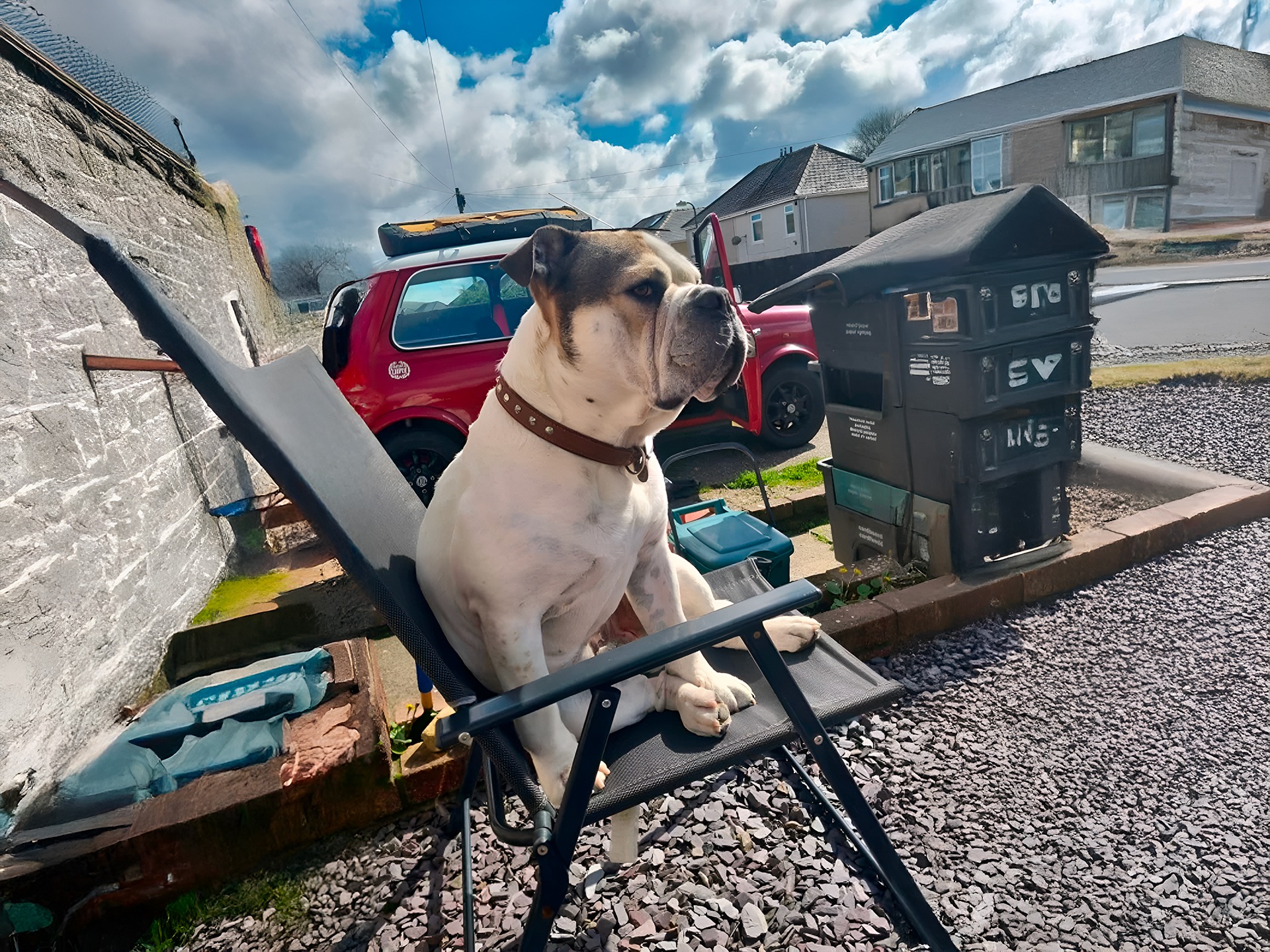 Bull-Pei dog sitting on a chair outdoors with cars and buildings in the background