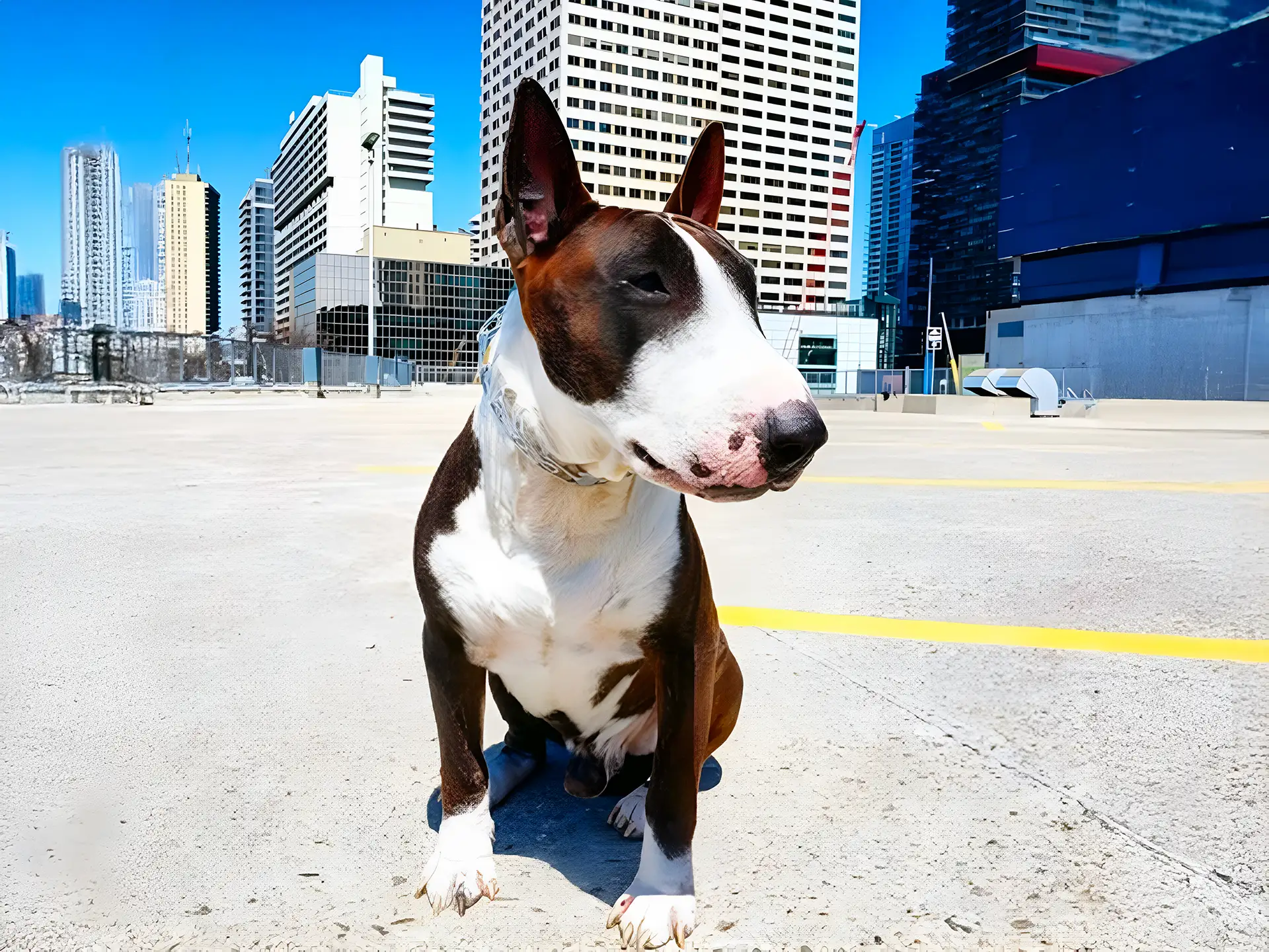 Bull Terrier dog sitting on a city rooftop with skyscrapers in the background.