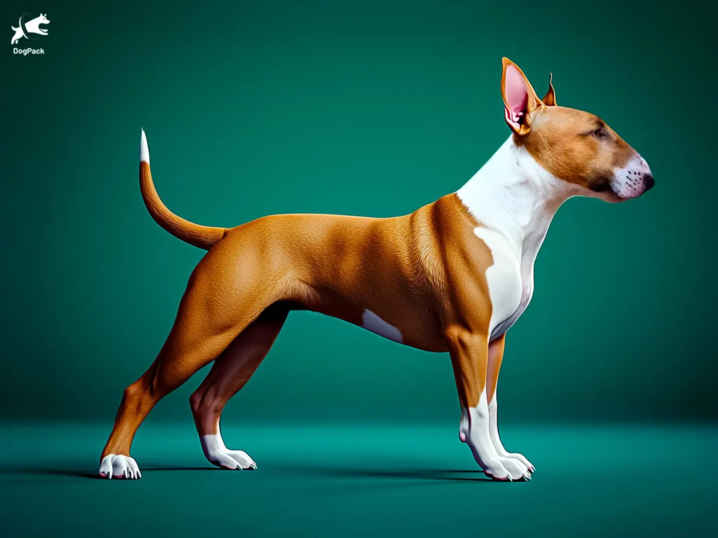 Bull Terrier dog breed full body view standing against green background