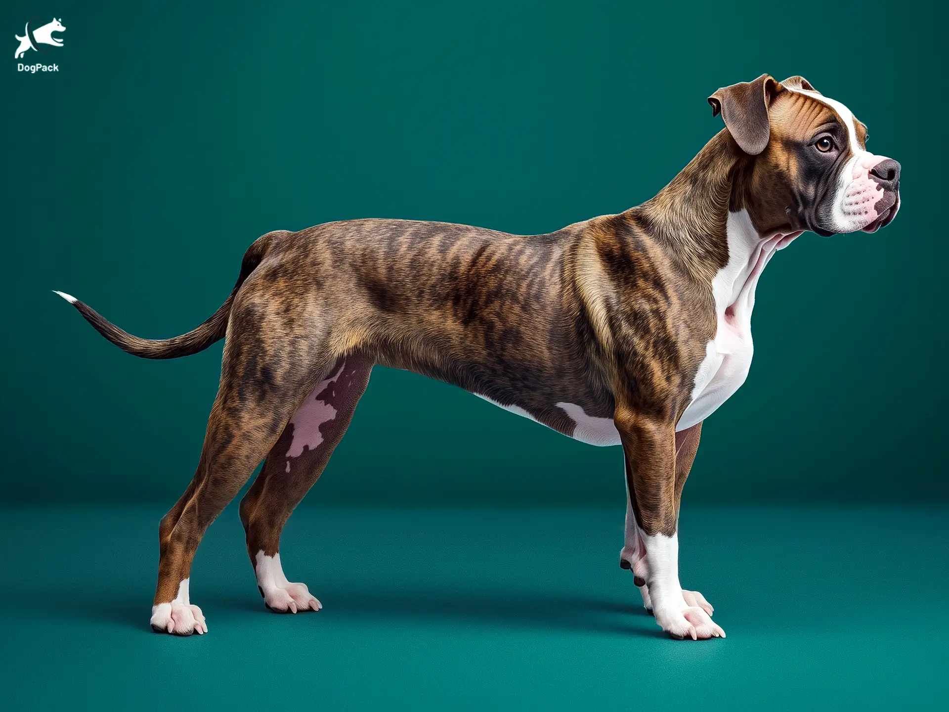 Bullboxer Pit dog breed full body view standing against green background