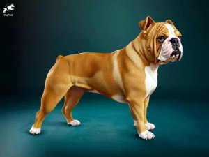 Bulldog dog breed full body view standing against green background