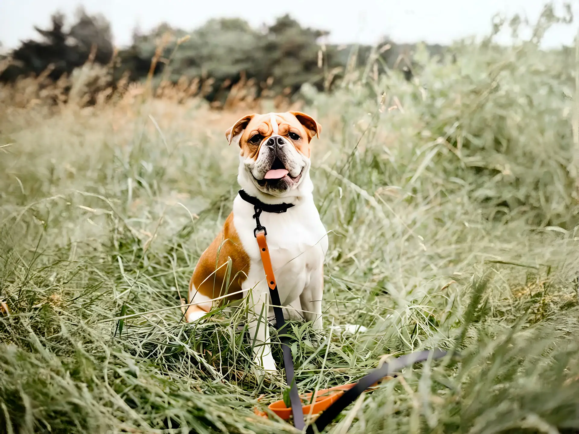 Bulldog sitting in tall grass with a leash.