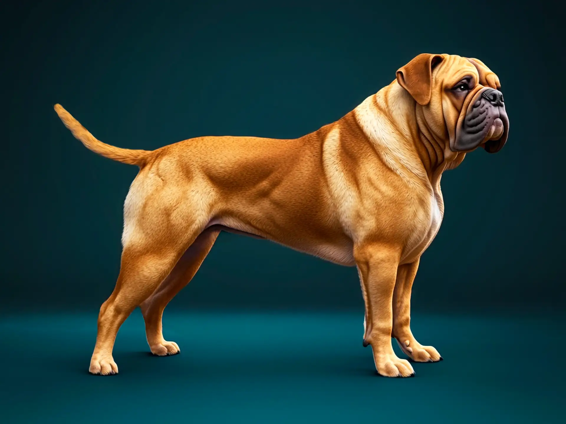 Bullmastiff dog breed full body view standing against green background