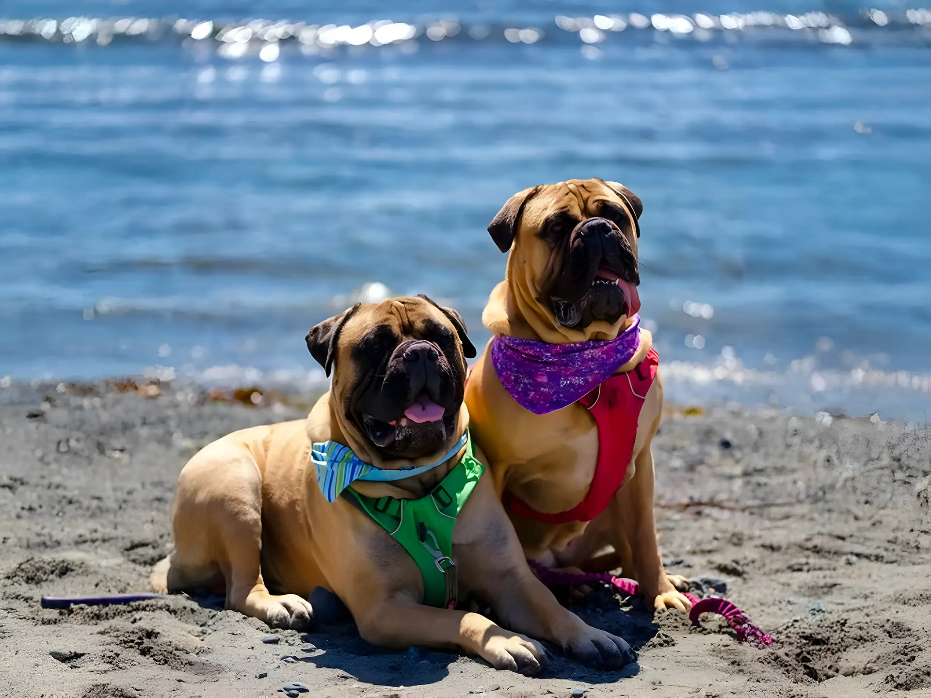 Two Bullmastiffs sitting on a beach wearing bandanas.