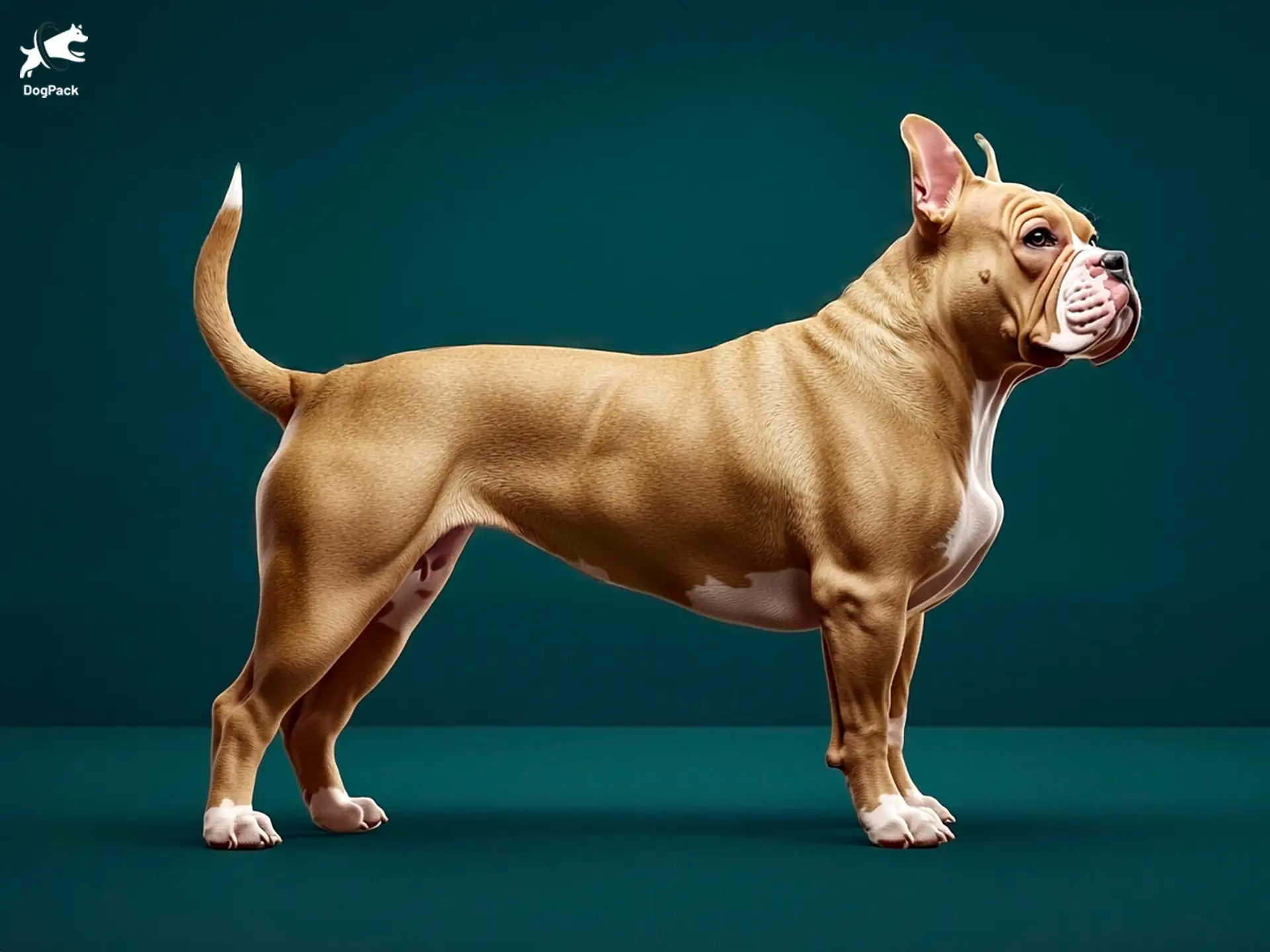 Bully XL dog breed full body view standing against green background