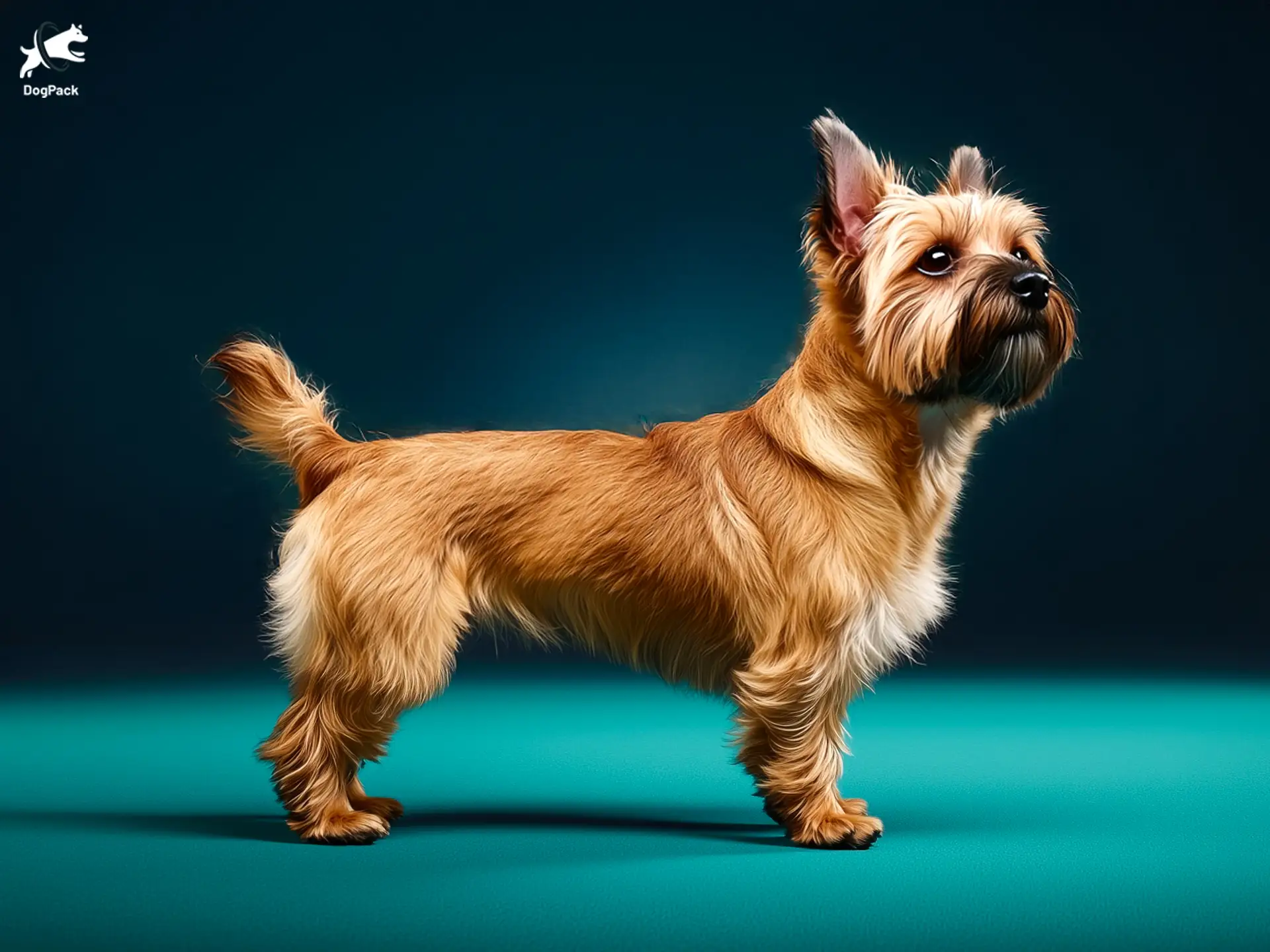 Cairn Terrier dog breed full body view standing against green background