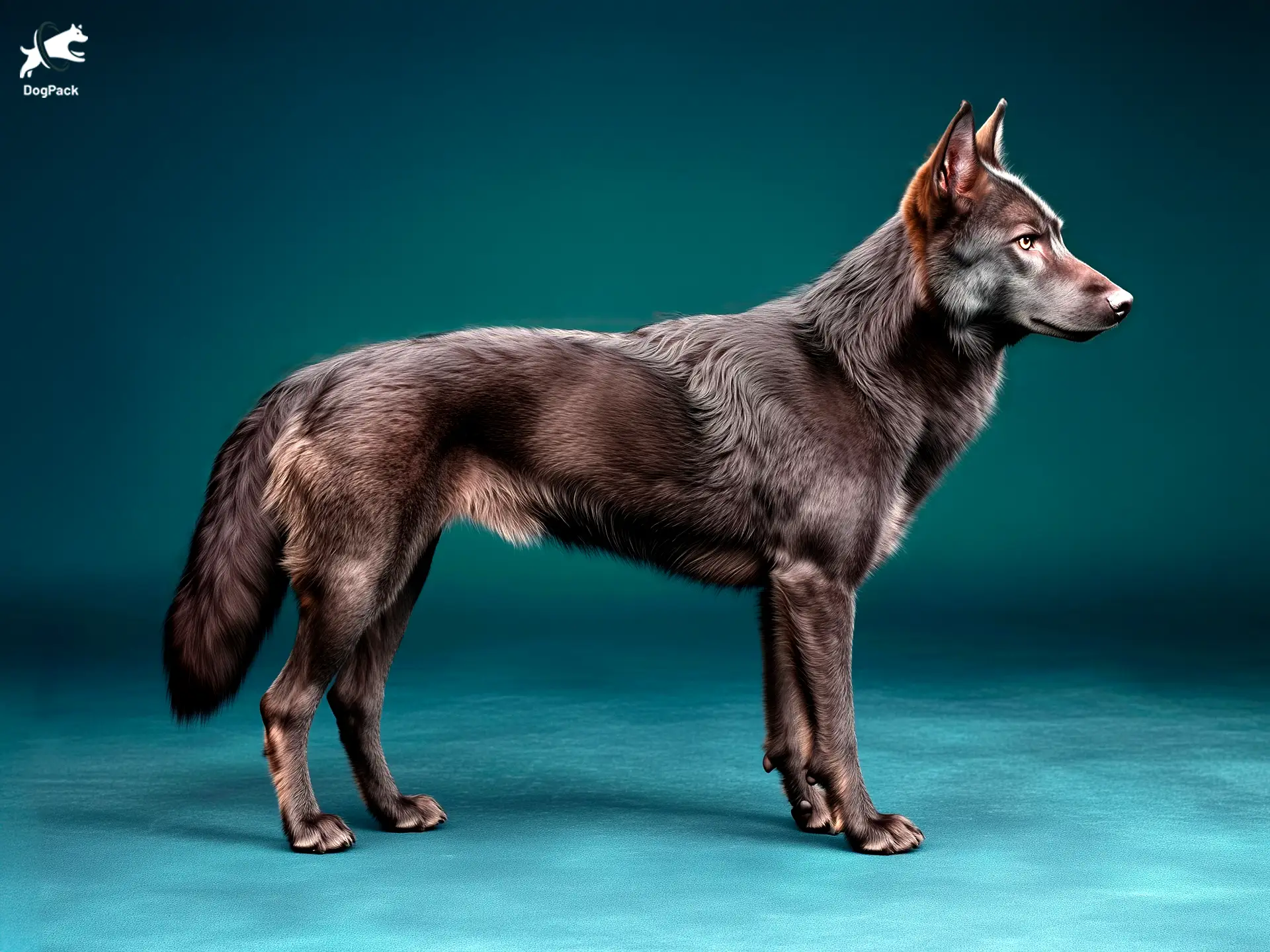 Calupoh dog breed full body view standing against green background