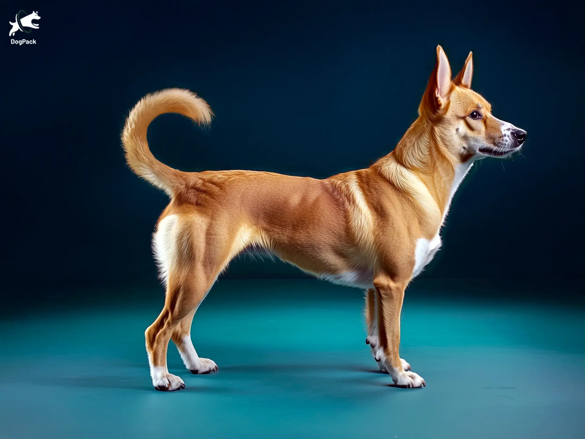 Canaan dog breed full body view standing against green background