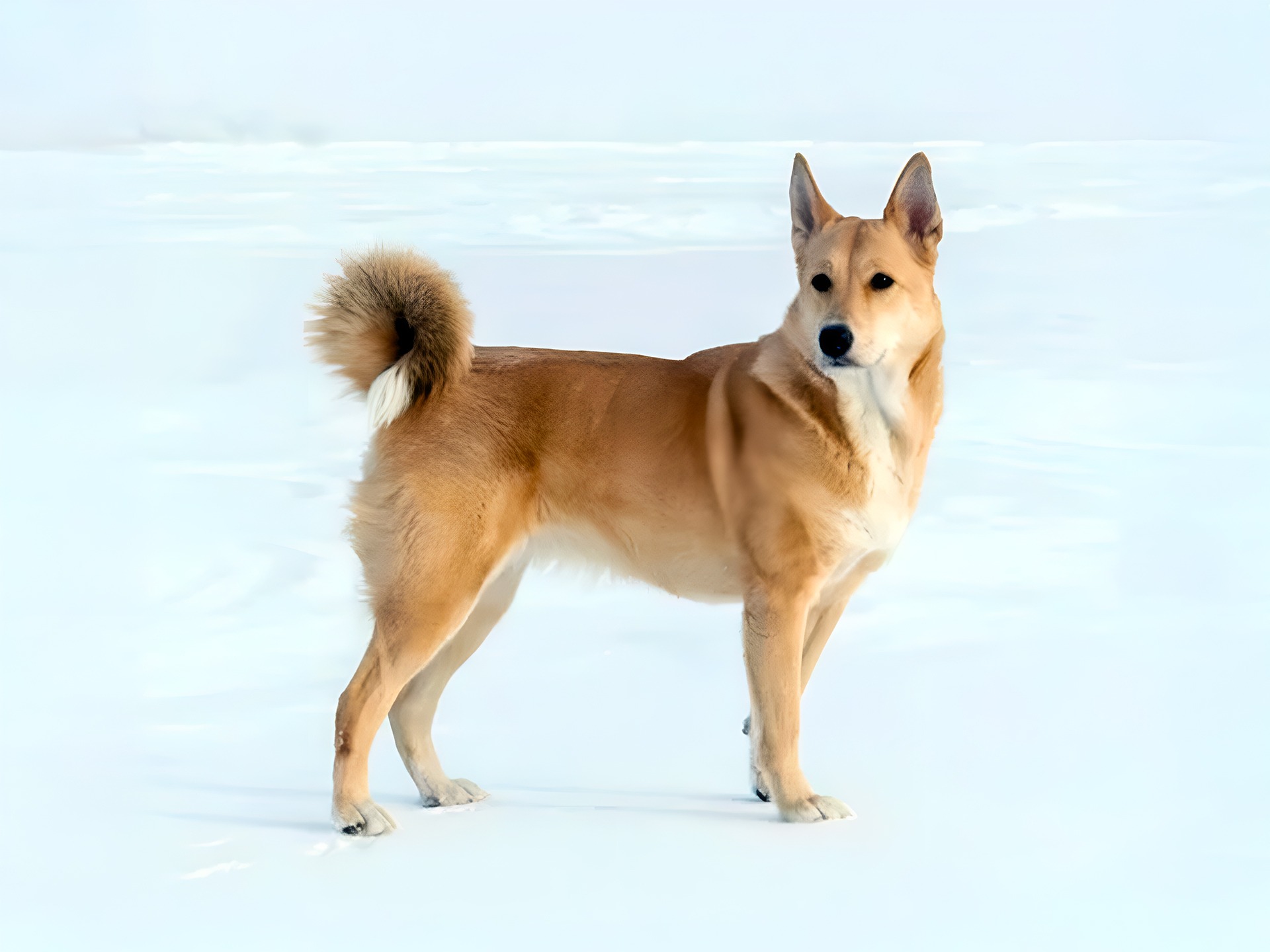 Canaan Dog standing alert on a snowy landscape