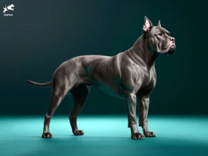 Cane Corso dog breed full body view standing against green background