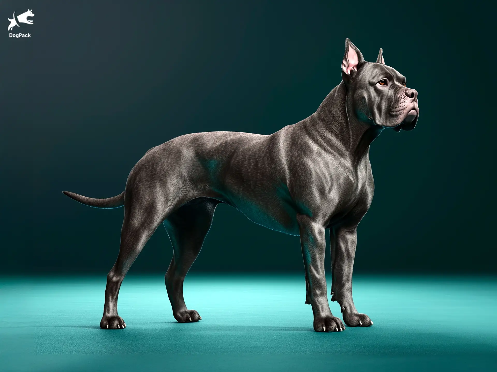 Cane Corso dog breed full body view standing against green background