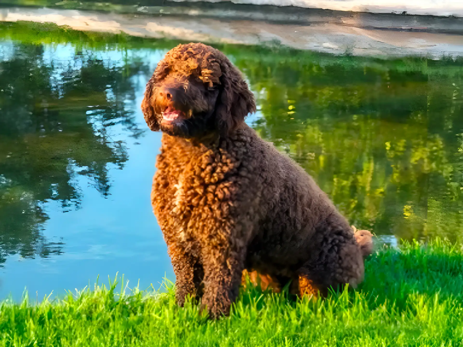 Cantabrian Water Dog with a curly brown coat sitting by a reflective lake