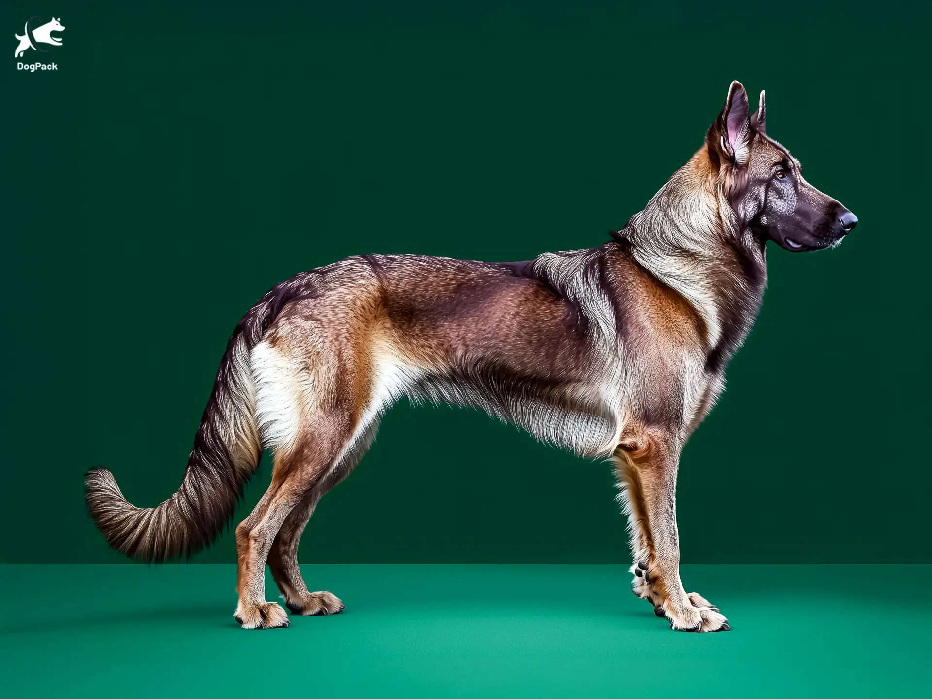 Cantabrian Wolfhound dog breed full body view standing against green background