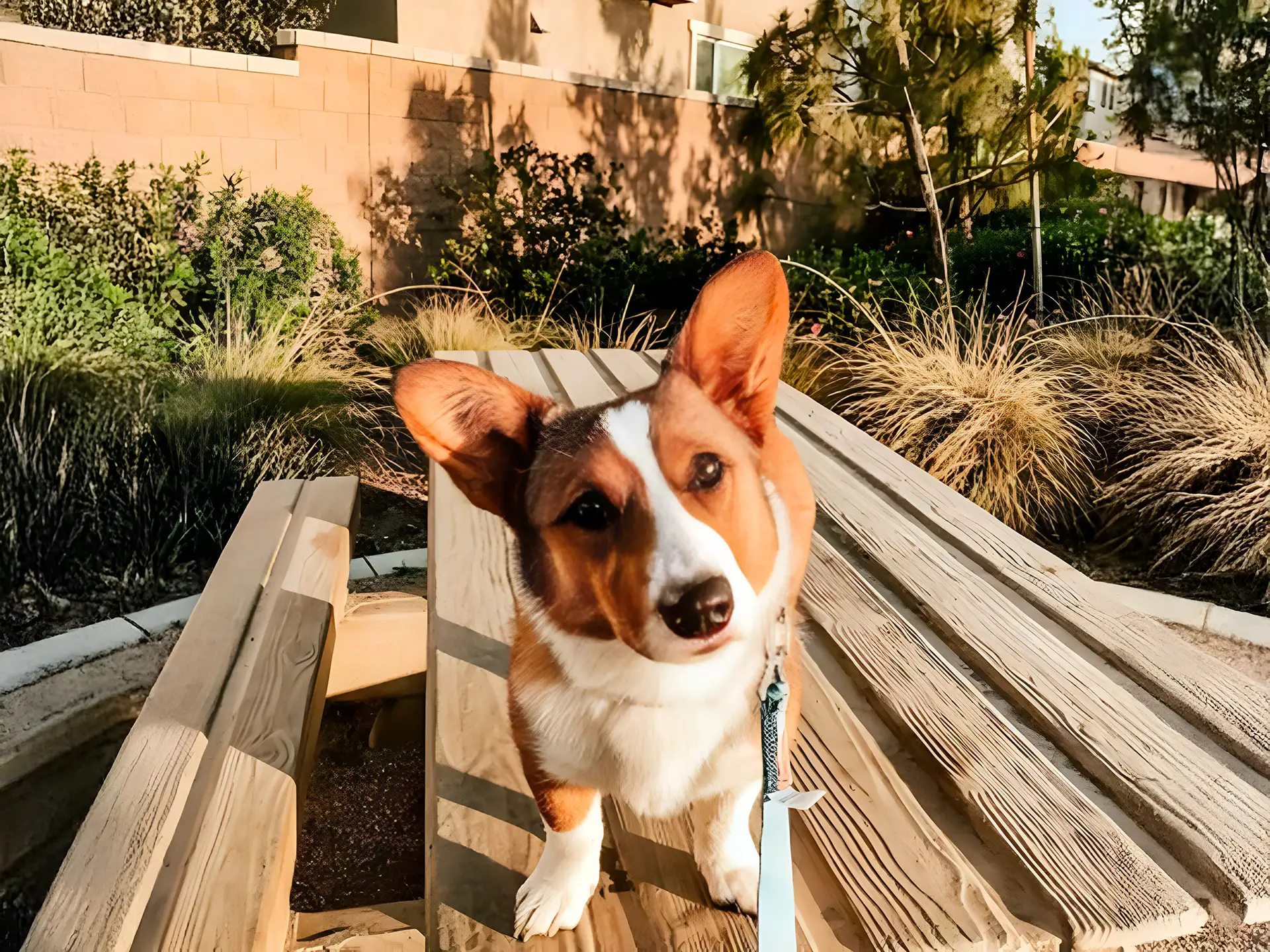 Cardigan Welsh Corgi with a red and white coat, standing on a wooden bench outdoors with a curious head tilt.