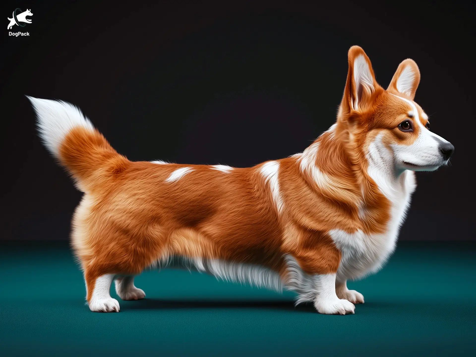 Cardigan Welsh Corgi dog breed full body view standing against green background