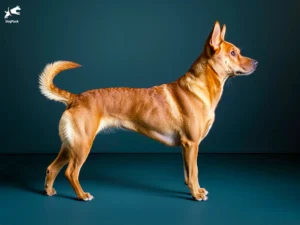 Carolina dog breed full body view standing against green background