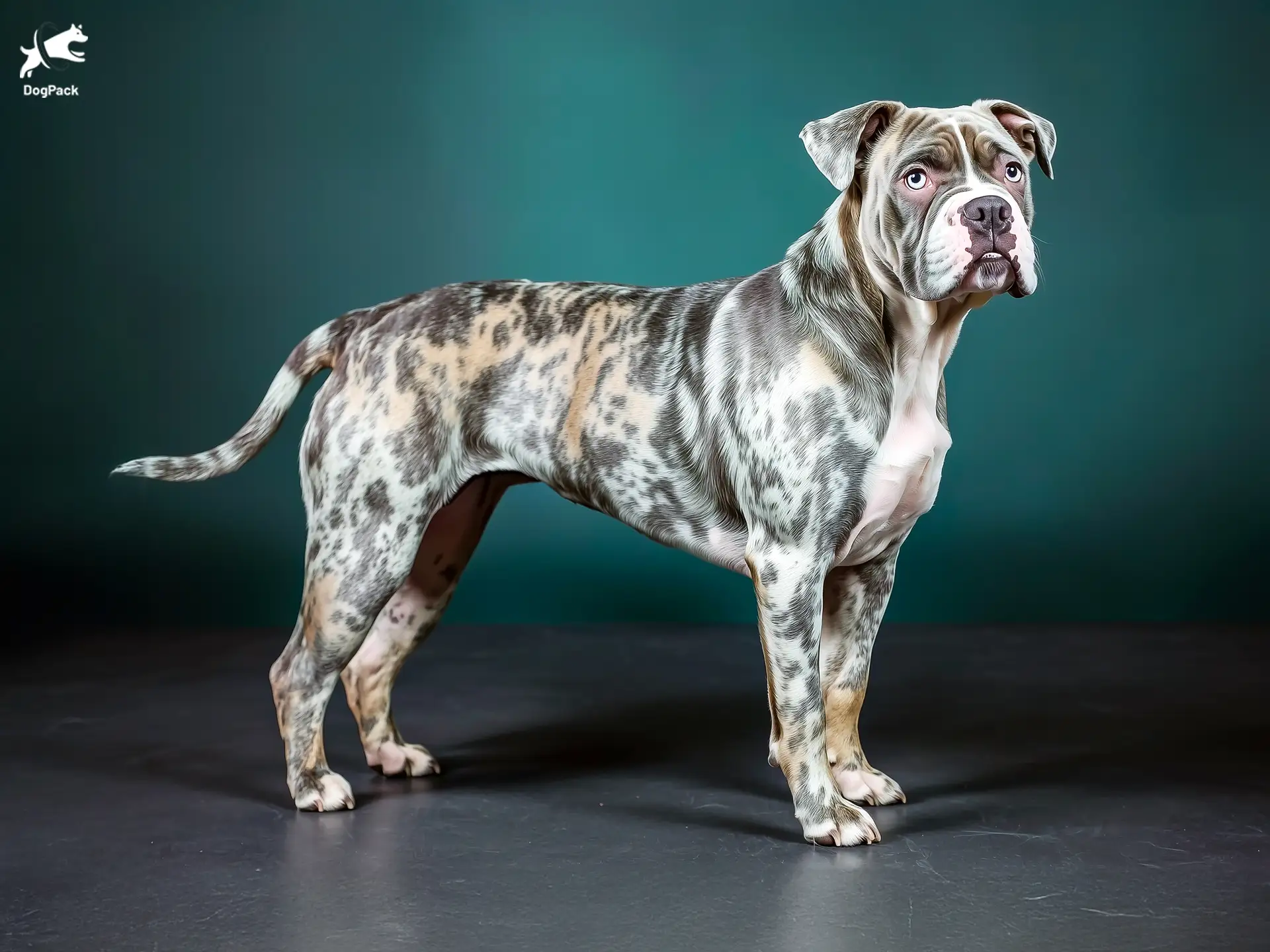 Catahoula Bulldog dog breed full body view standing against green background