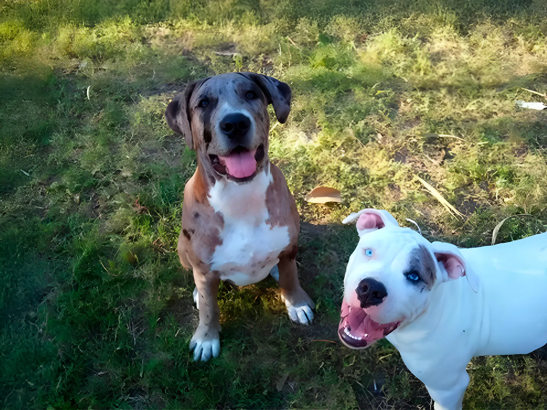 Catahoula Bulldog duo with a spotted merle and a white coat, standing on grass with happy expressions.