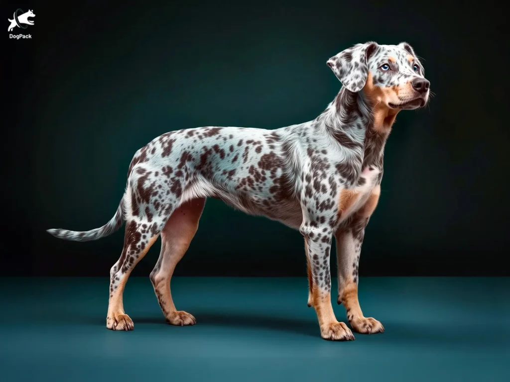 Catahoula Leopard dog breed full body view standing against green background