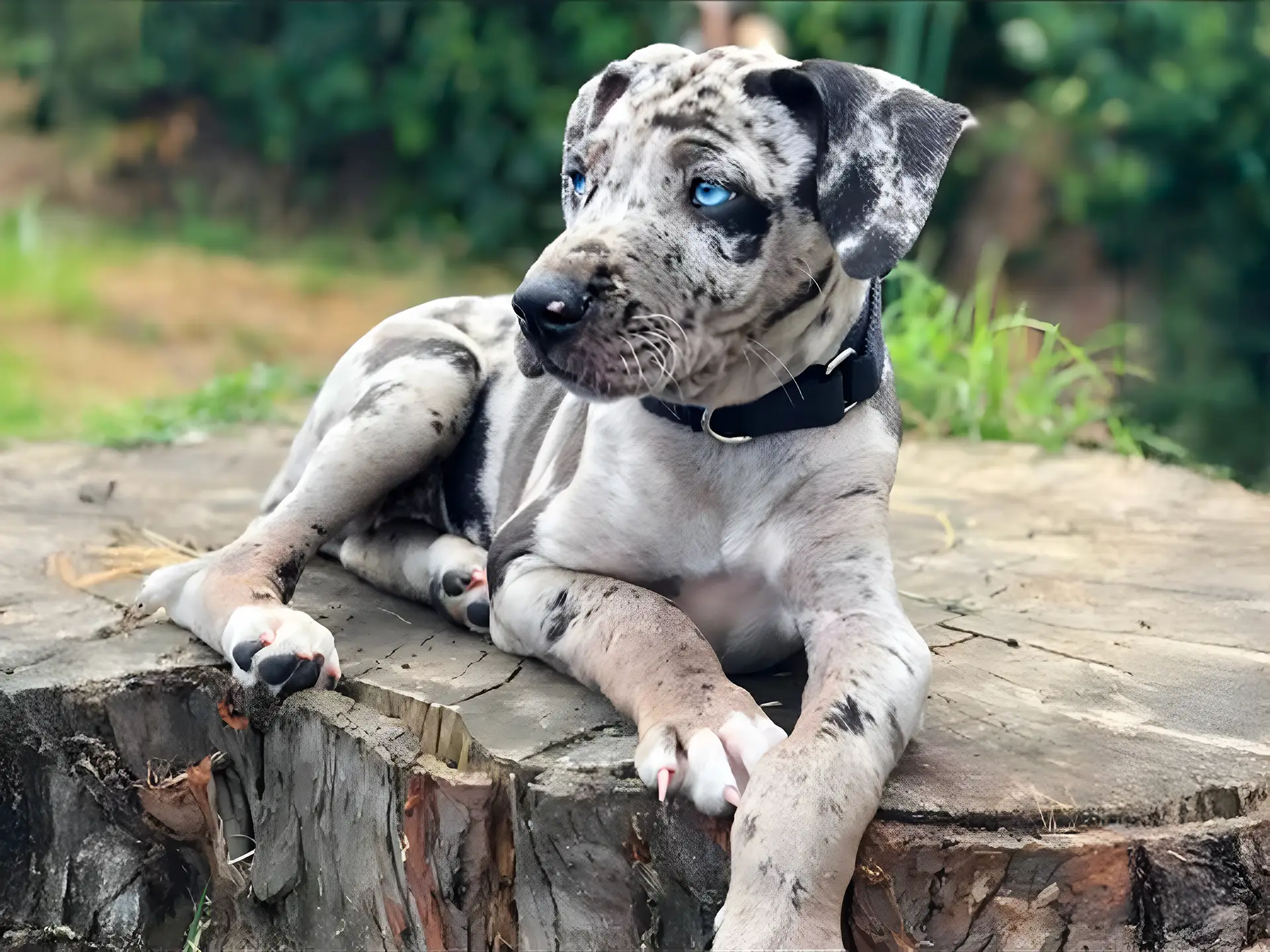 Catahoula Leopard Dog with blue eyes and a merle coat lying on a tree stump outdoors.