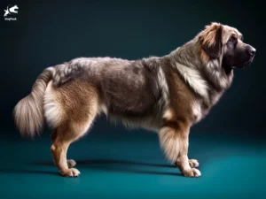 Caucasian Shepherd dog breed full body view standing against green background