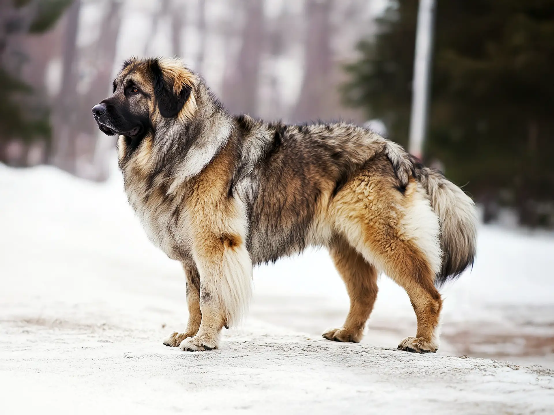 Caucasian Shepherd Dog standing in snow with a thick, dense coat, looking off to the side