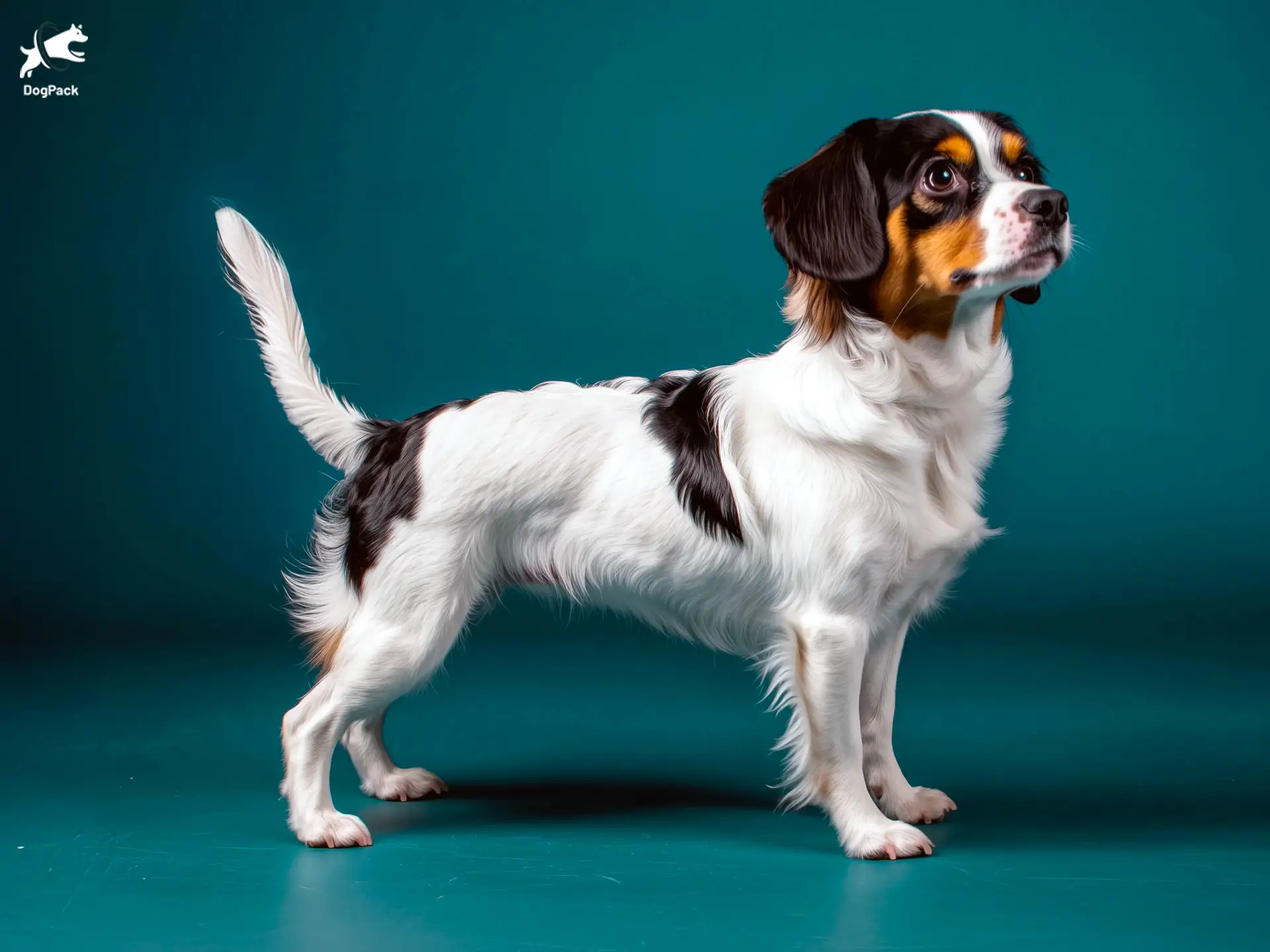 Cav-a-Jack dog breed full body view standing against green background