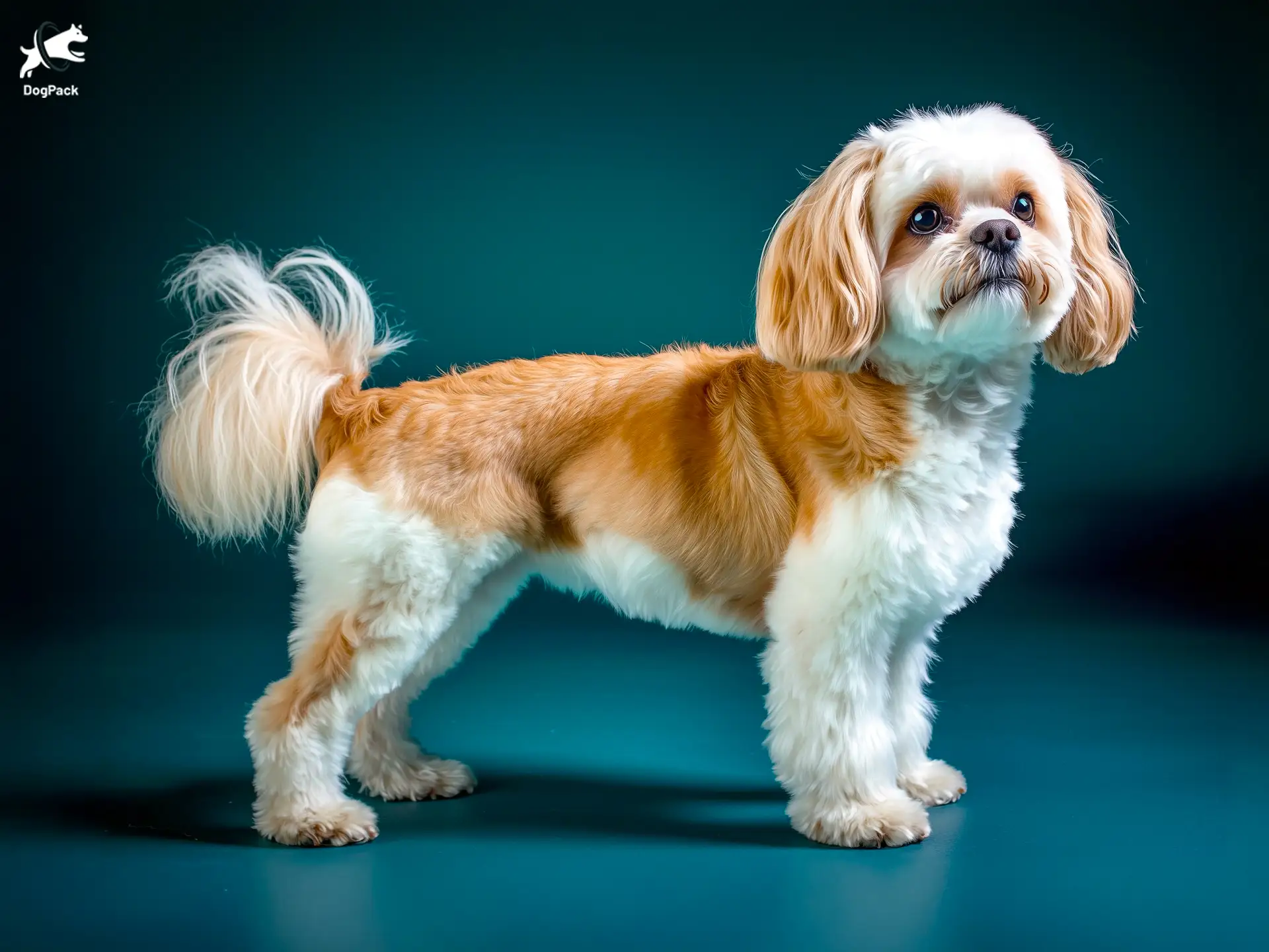 Cavachon dog breed full body view standing against green background