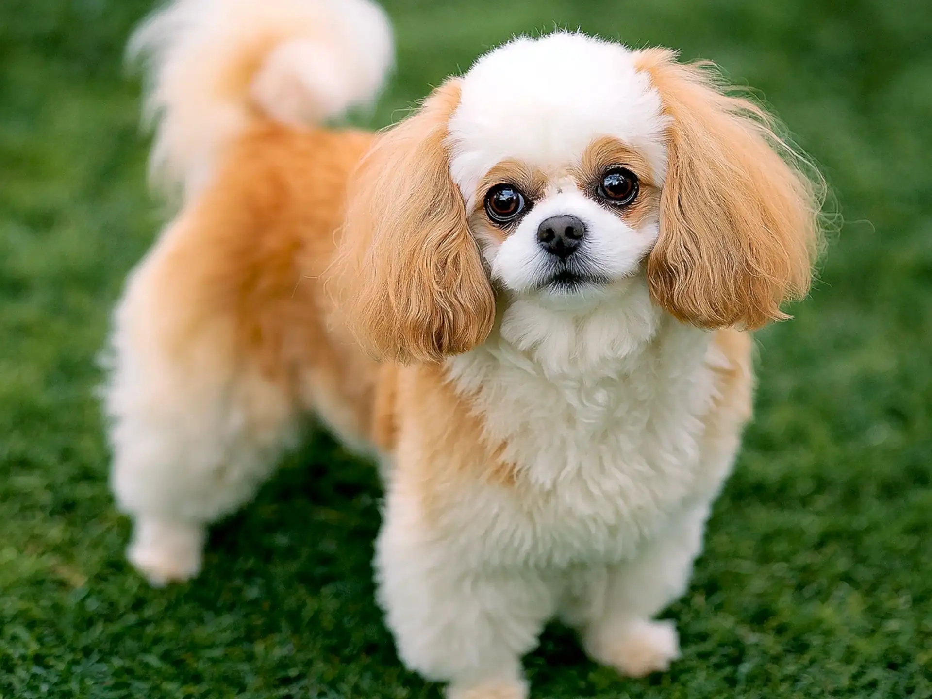 Cavachon puppy with fluffy cream and tan fur and large expressive eyes, standing on green grass, showing its friendly demeanor.