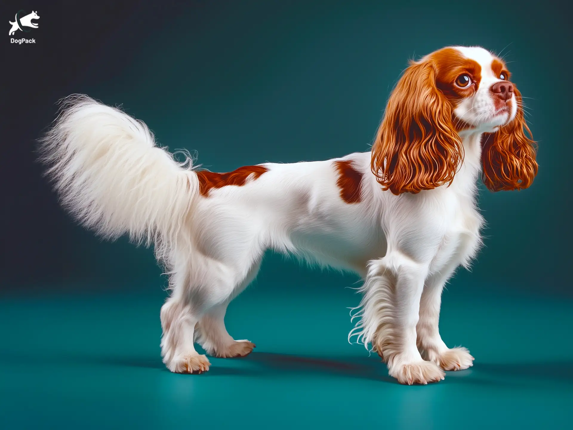 Cavalier King Charles Spaniel dog breed full body view standing against green background