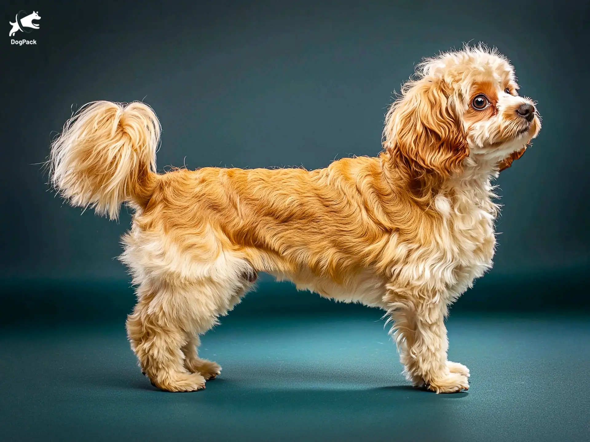 Cavapoo (Cavadoodle) dog breed full body side view standing against green background