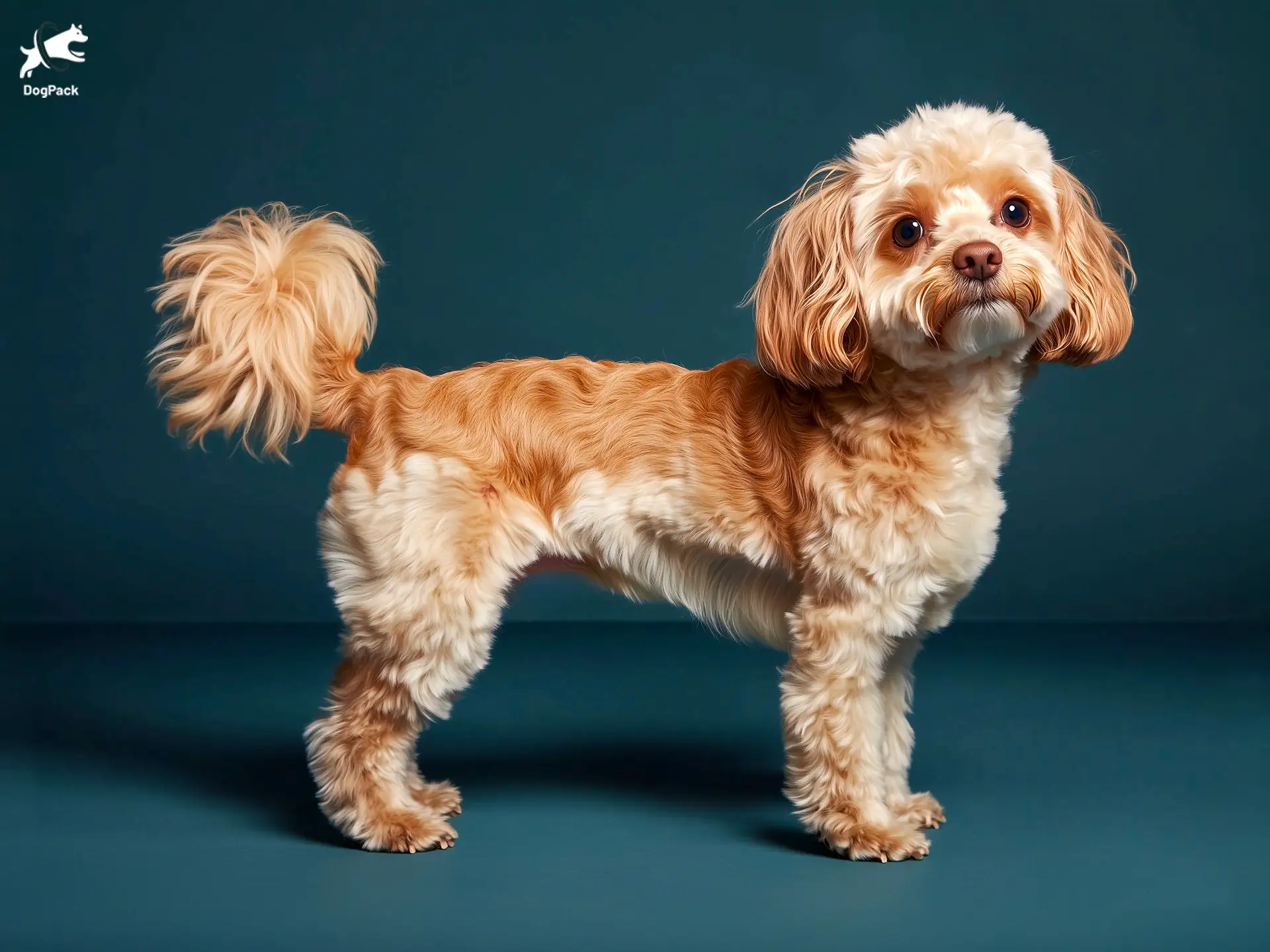 Cavapoo (Cavadoodle) dog breed full body view standing against green background