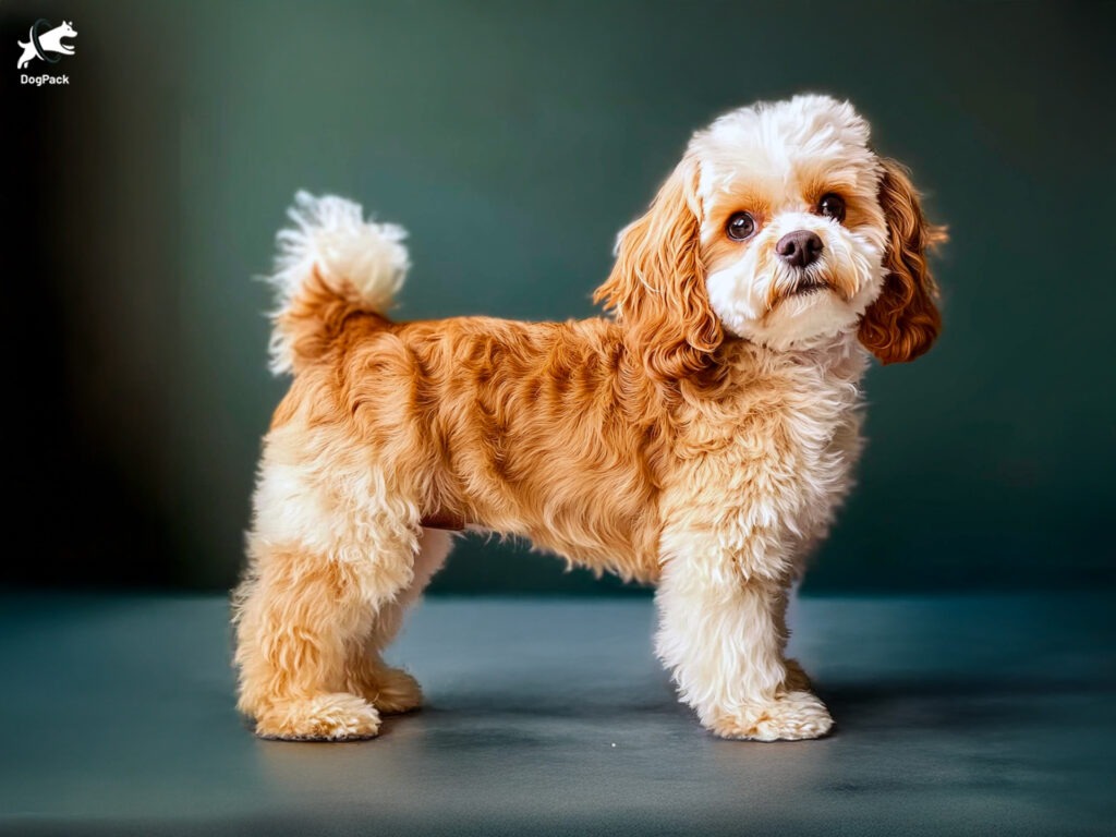 Cavapoochon dog breed full body view standing against green background