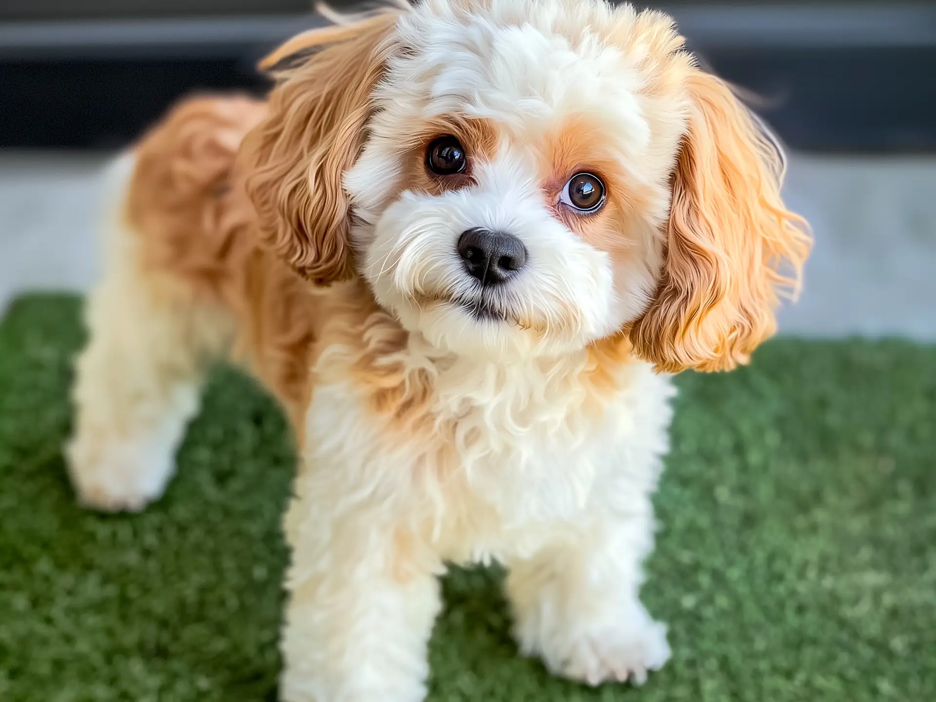 Adorable Cavapoochon puppy with a curious expression, standing on green grass indoors