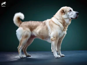 Central Asian Shepherd Dog (Alabai) dog breed full body view standing against green background