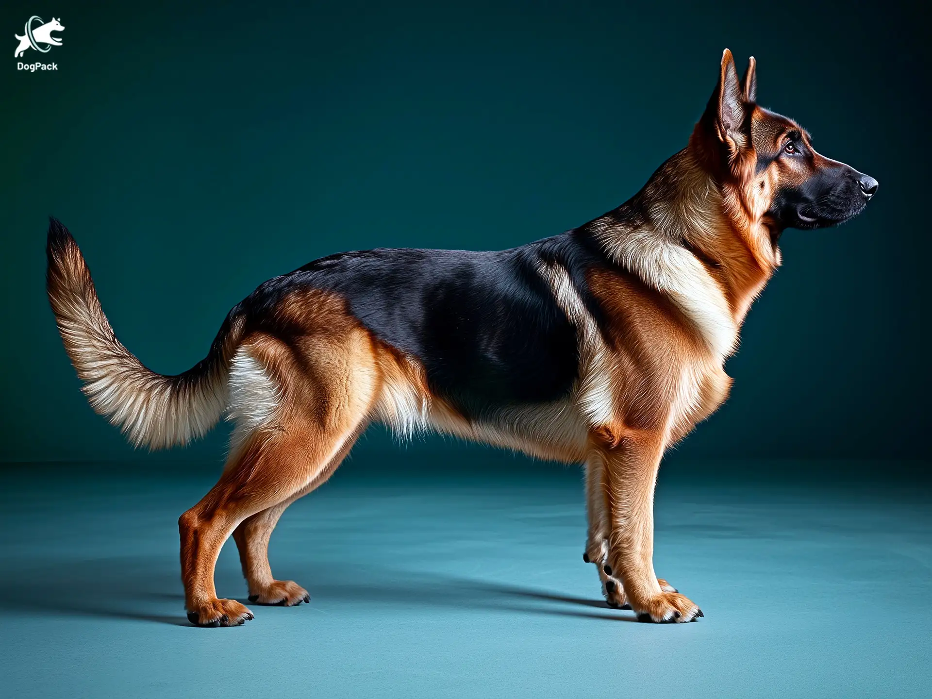 German Shepherd Dog breed full body view standing against green background