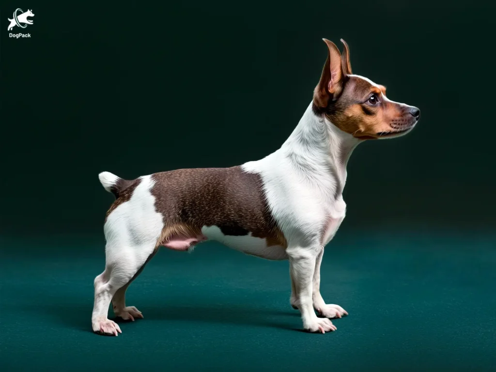 Teddy Roosevelt Terrier dog breed full body view standing against green background